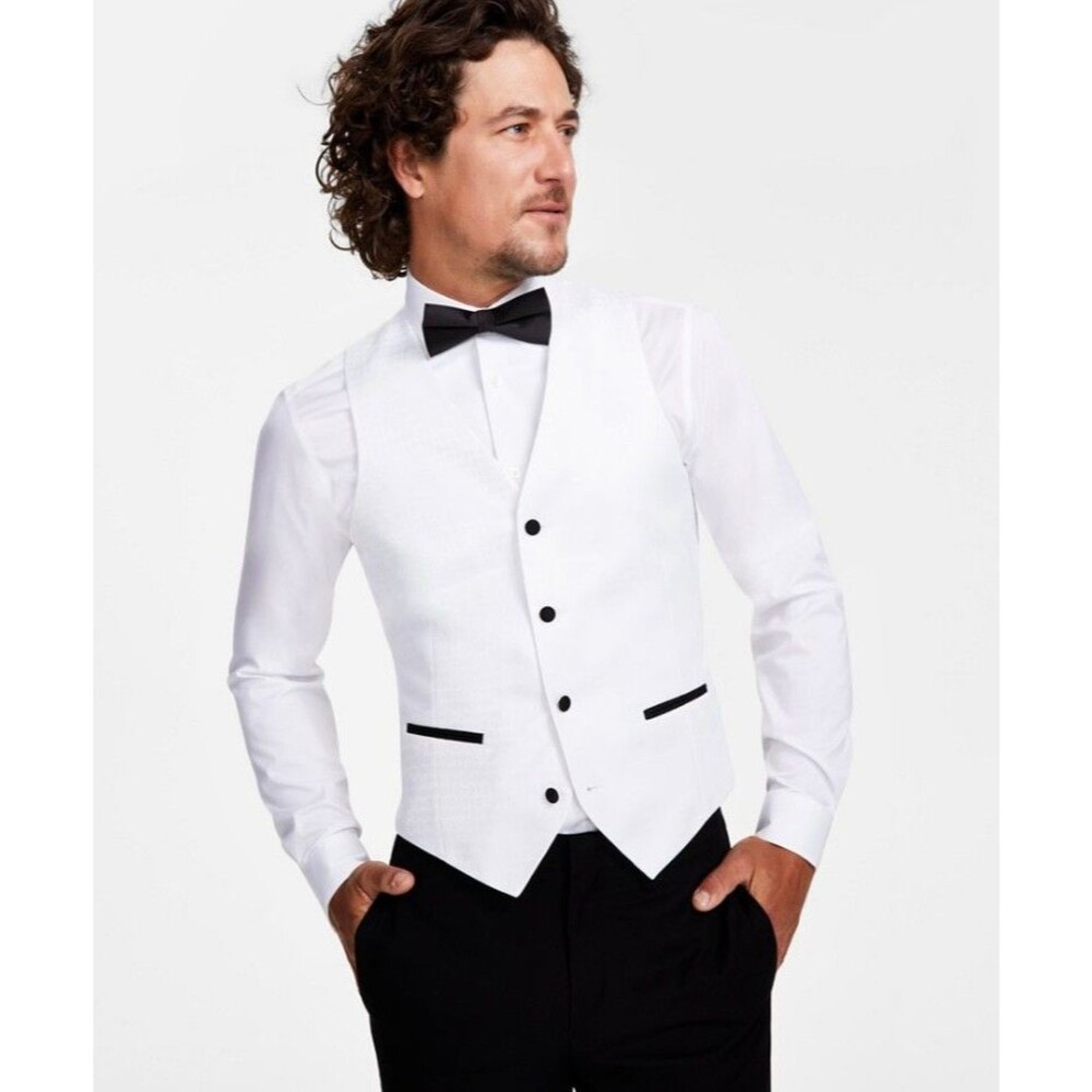 $115 BRAND NEW ALFANI Mens Small White Slim Fit TUXEDO Suit Jacket Vest